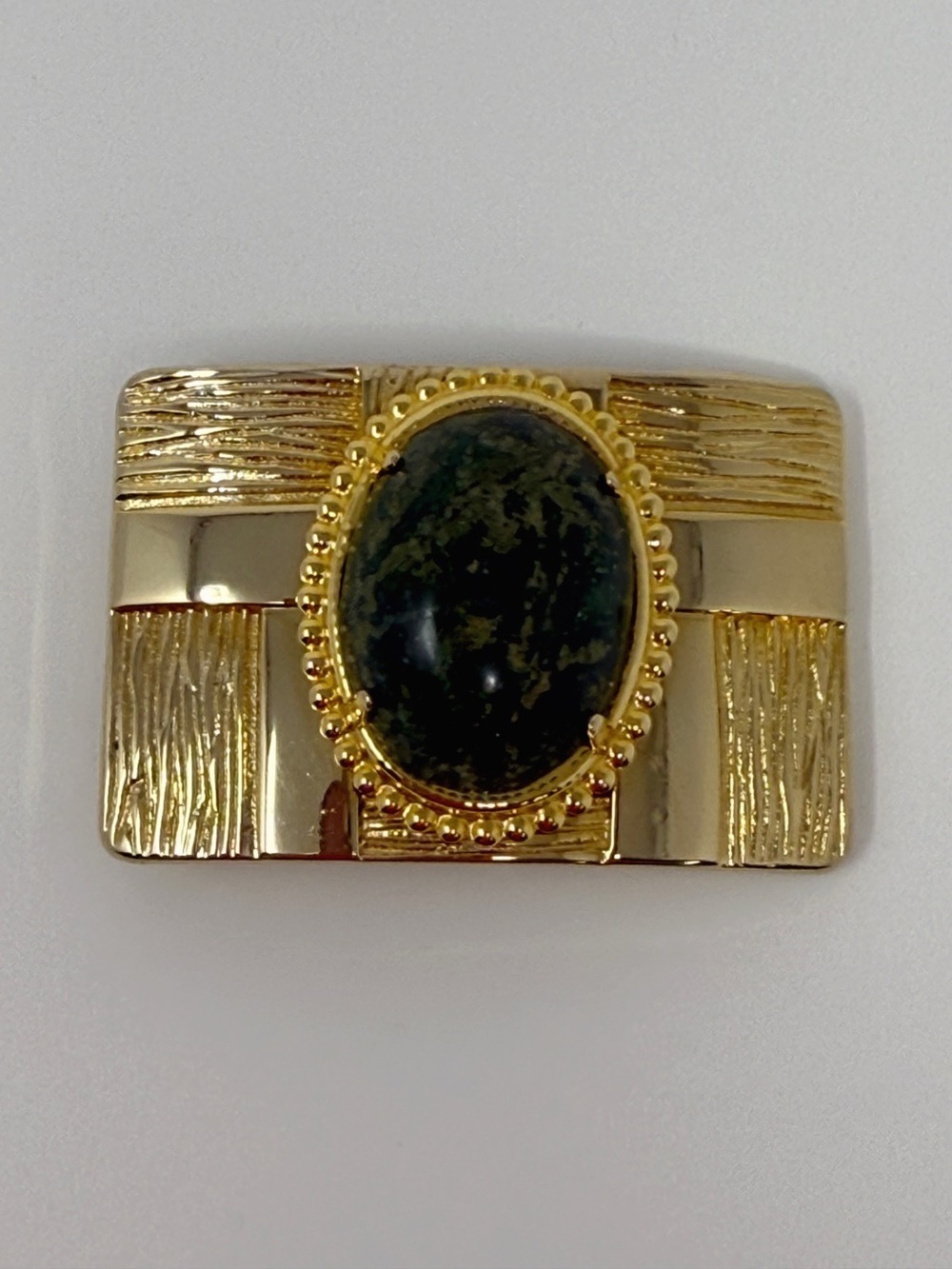Vintage Gold Tone Belt Buckle Statement Green Stone Cabochon Rectangle Textured